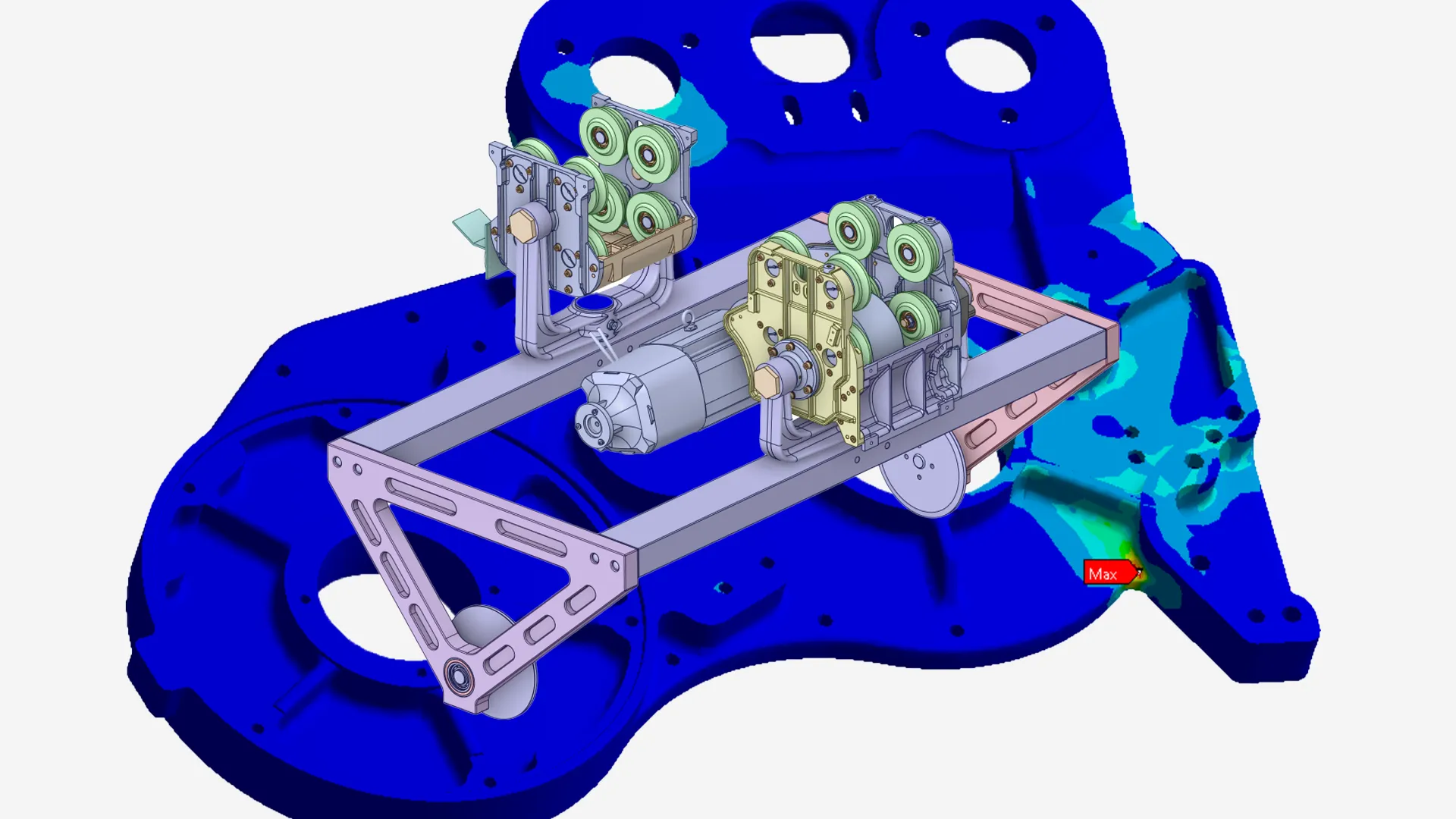 FEM-Analyse einer Antriebseinheit – Spannungsverteilung in blauer Farbskala auf CAD-Bauteil