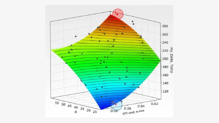 3D-Response-Surface-Diagramm einer Sensitivitätsanalyse mit Parametervariation und Optimalpunkt-Markierung